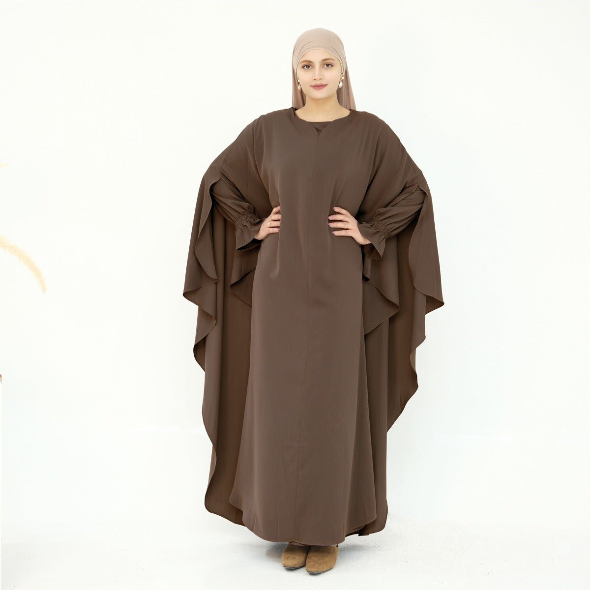 Solid Color Modest Robe Dress Two-Piece Set – Muslim Abaya with Puff Sleeves(MA275)