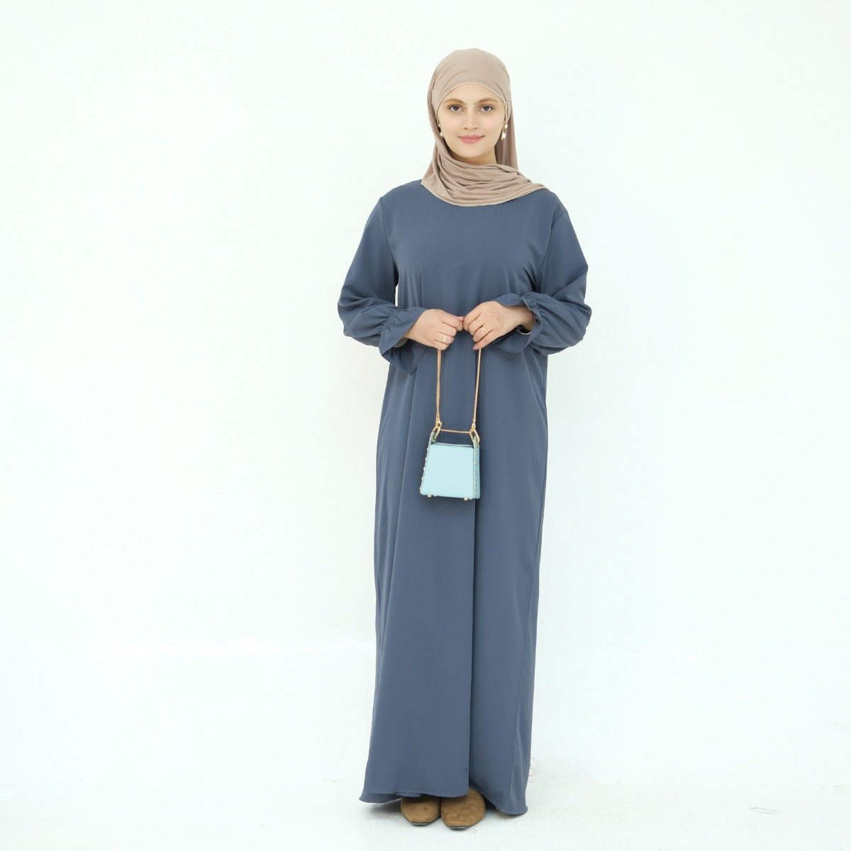 Solid Color Modest Robe Dress Two-Piece Set – Muslim Abaya with Puff Sleeves(MA275)