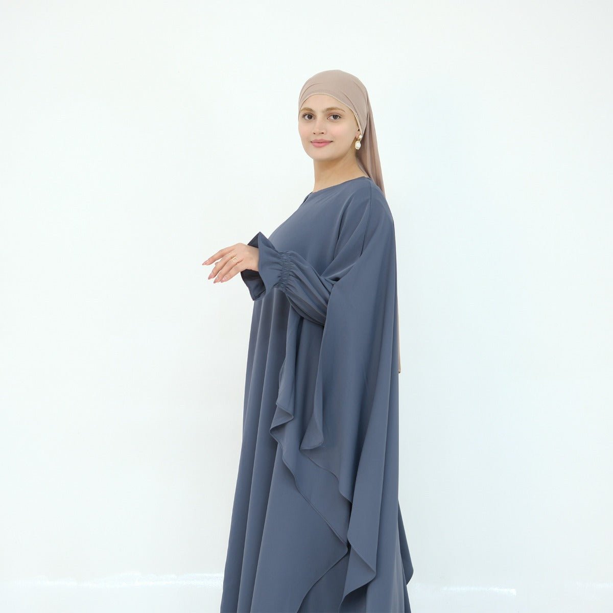Solid Color Modest Robe Dress Two-Piece Set – Muslim Abaya with Puff Sleeves(MA275)