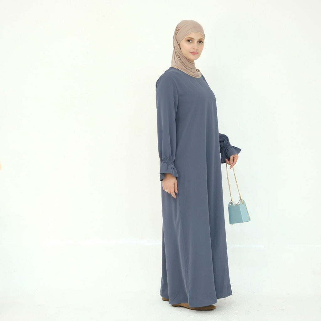 Solid Color Modest Robe Dress Two-Piece Set – Muslim Abaya with Puff Sleeves(MA275)