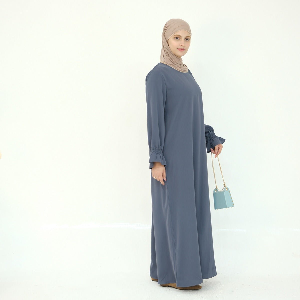 Solid Color Modest Robe Dress Two-Piece Set – Muslim Abaya with Puff Sleeves(MA275)