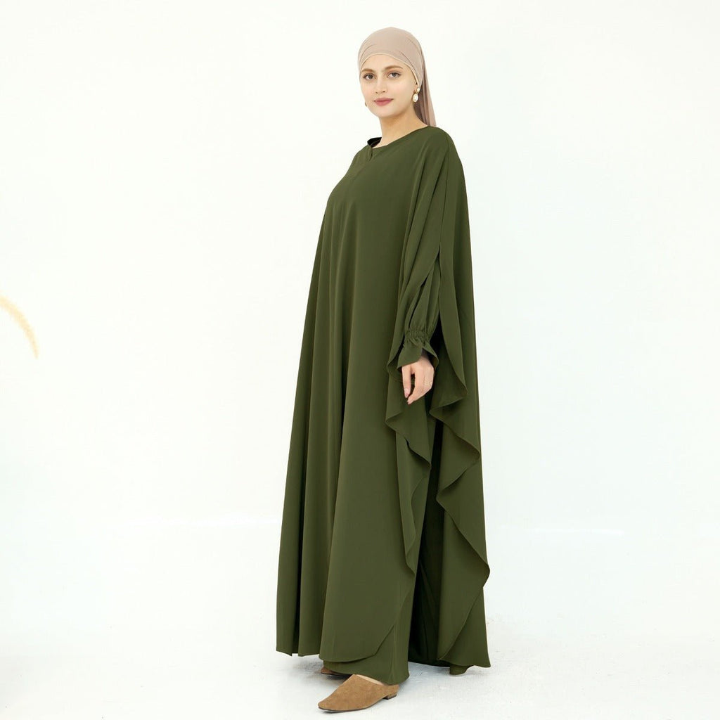 Solid Color Modest Robe Dress Two-Piece Set – Muslim Abaya with Puff Sleeves(MA275)