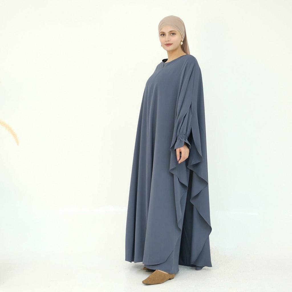 Solid Color Modest Robe Dress Two-Piece Set – Muslim Abaya with Puff Sleeves(MA275)