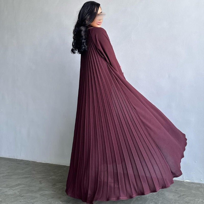 Autumn & Winter Long Dress with Open Front | Solid Color Pleated Abaya Cardigan (MOA218)