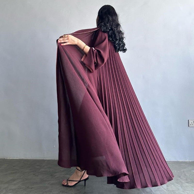 Autumn & Winter Long Dress with Open Front | Solid Color Pleated Abaya Cardigan (MOA218)