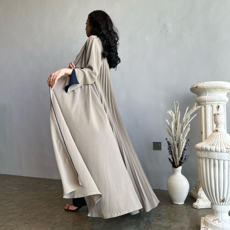 Autumn & Winter Long Dress with Open Front | Solid Color Pleated Abaya Cardigan (MOA218)