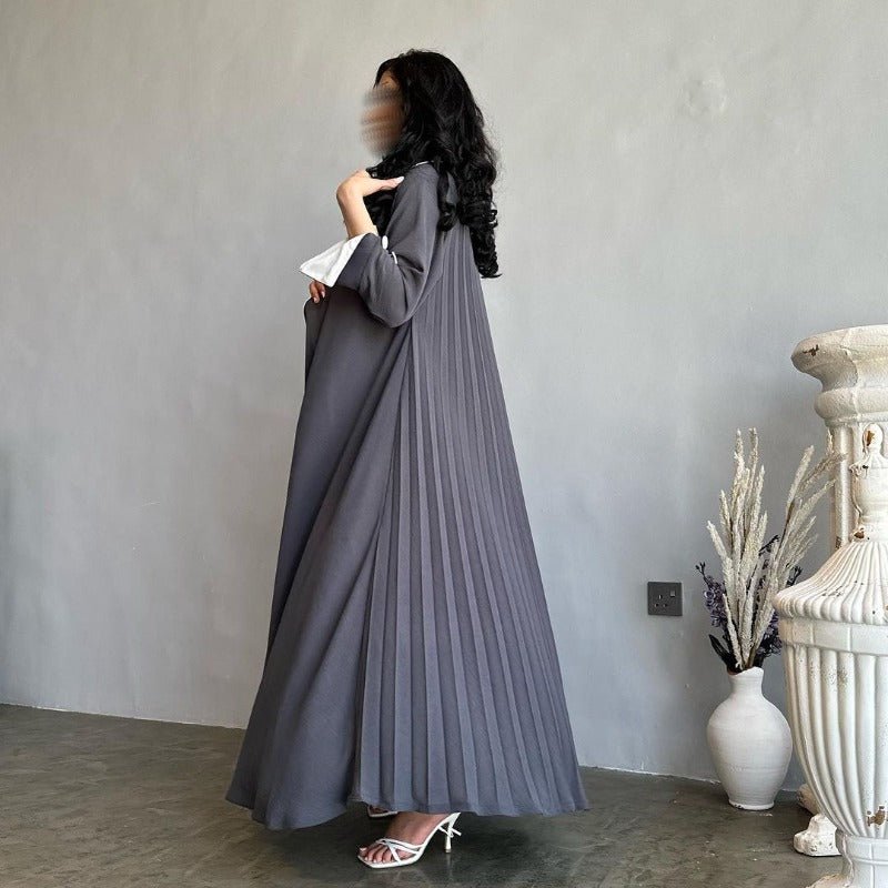 Autumn & Winter Long Dress with Open Front | Solid Color Pleated Abaya Cardigan (MOA218)