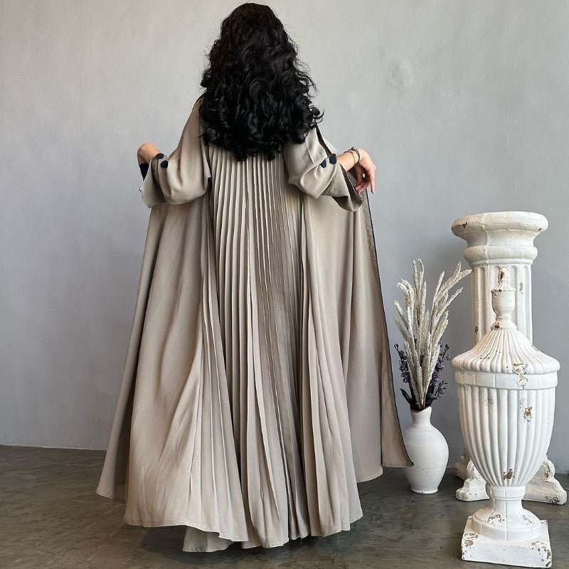 Autumn & Winter Long Dress with Open Front | Solid Color Pleated Abaya Cardigan (MOA218)