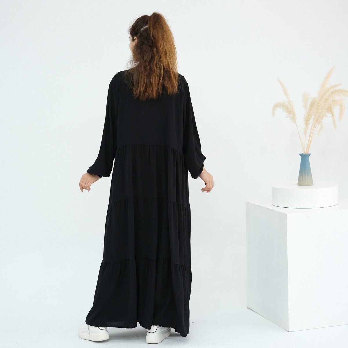 Solid Color Puff Sleeve Layered Maxi Dress Robe Dress Two-Piece Set (MOA165)