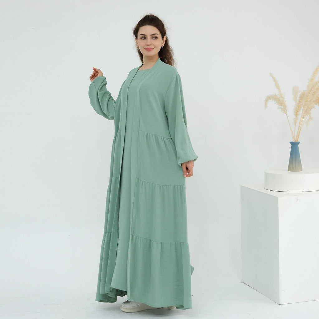 Solid Color Puff Sleeve Layered Maxi Dress Robe Dress Two-Piece Set (MOA165)