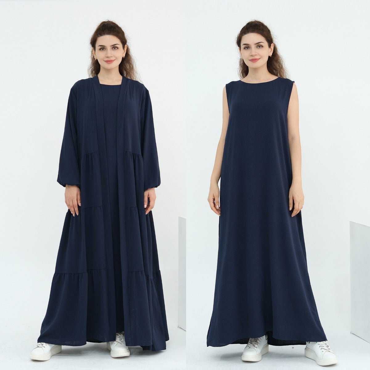 Solid Color Puff Sleeve Layered Maxi Dress Robe Dress Two-Piece Set (MOA165)