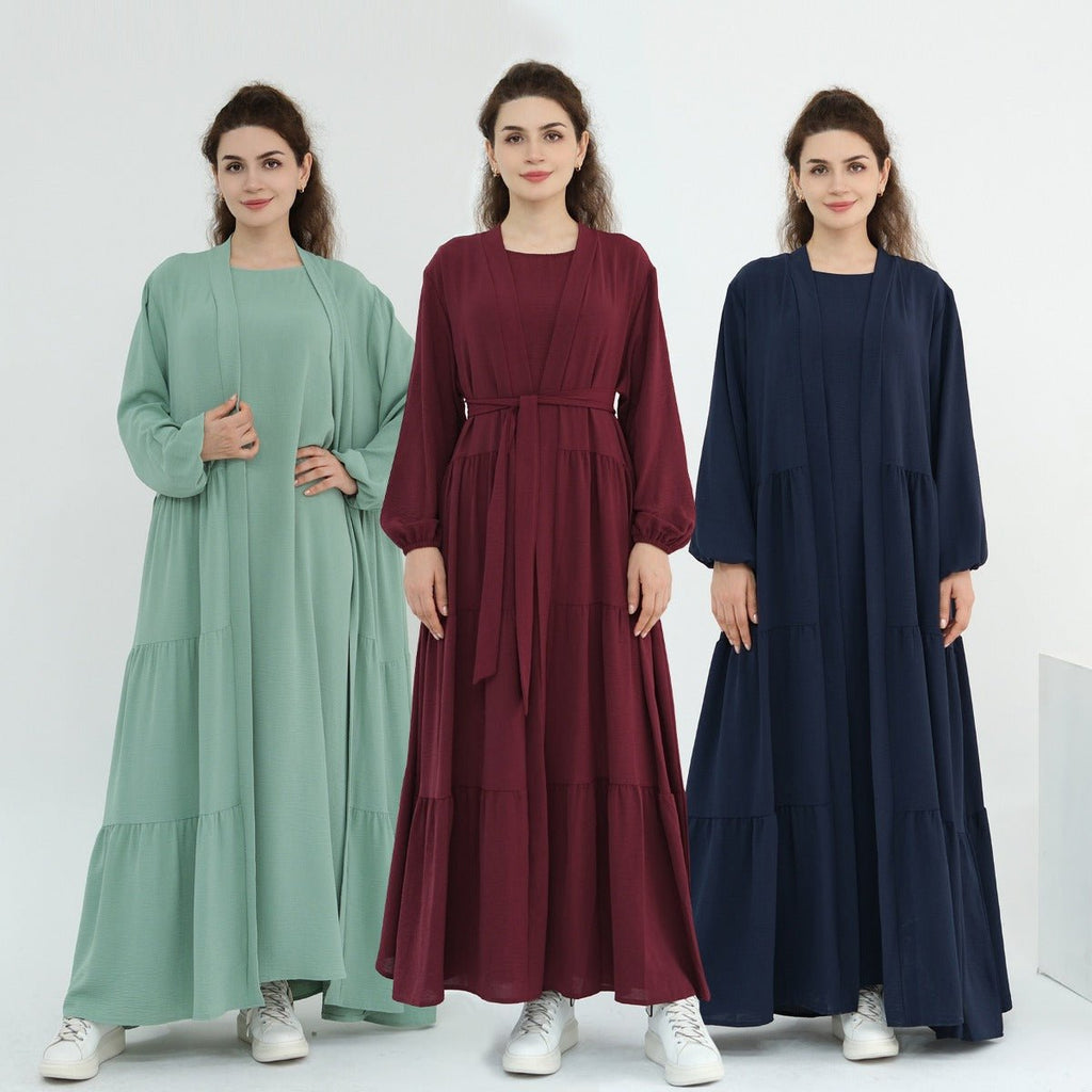 Solid Color Puff Sleeve Layered Maxi Dress Robe Dress Two-Piece Set (MOA165)