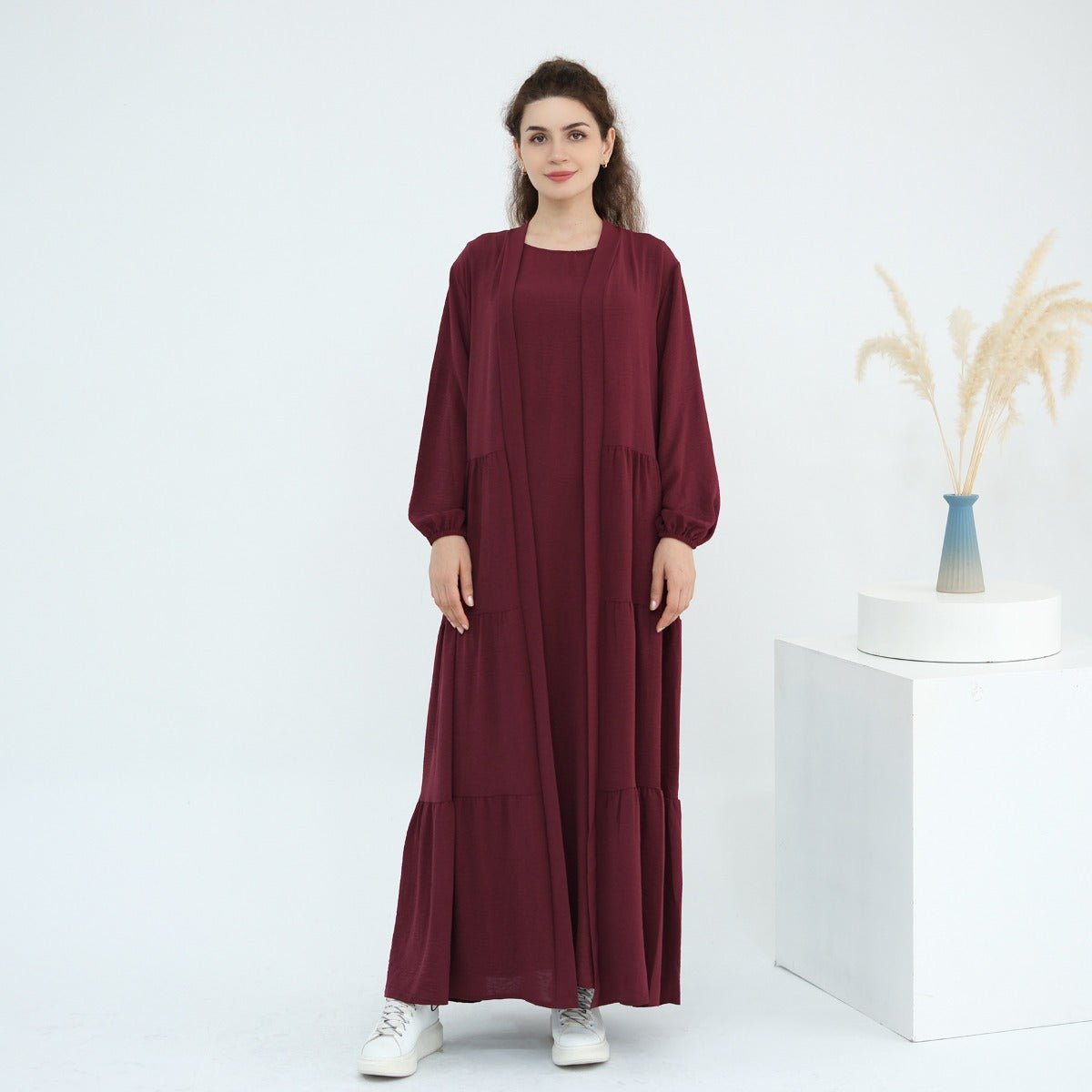 Solid Color Puff Sleeve Layered Maxi Dress Robe Dress Two-Piece Set (MOA165)