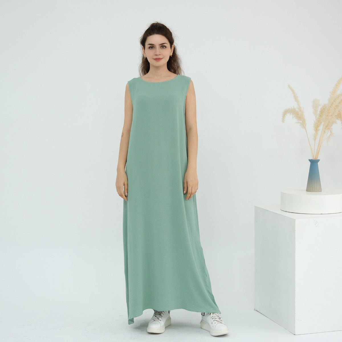Solid Color Puff Sleeve Layered Maxi Dress Robe Dress Two-Piece Set (MOA165)