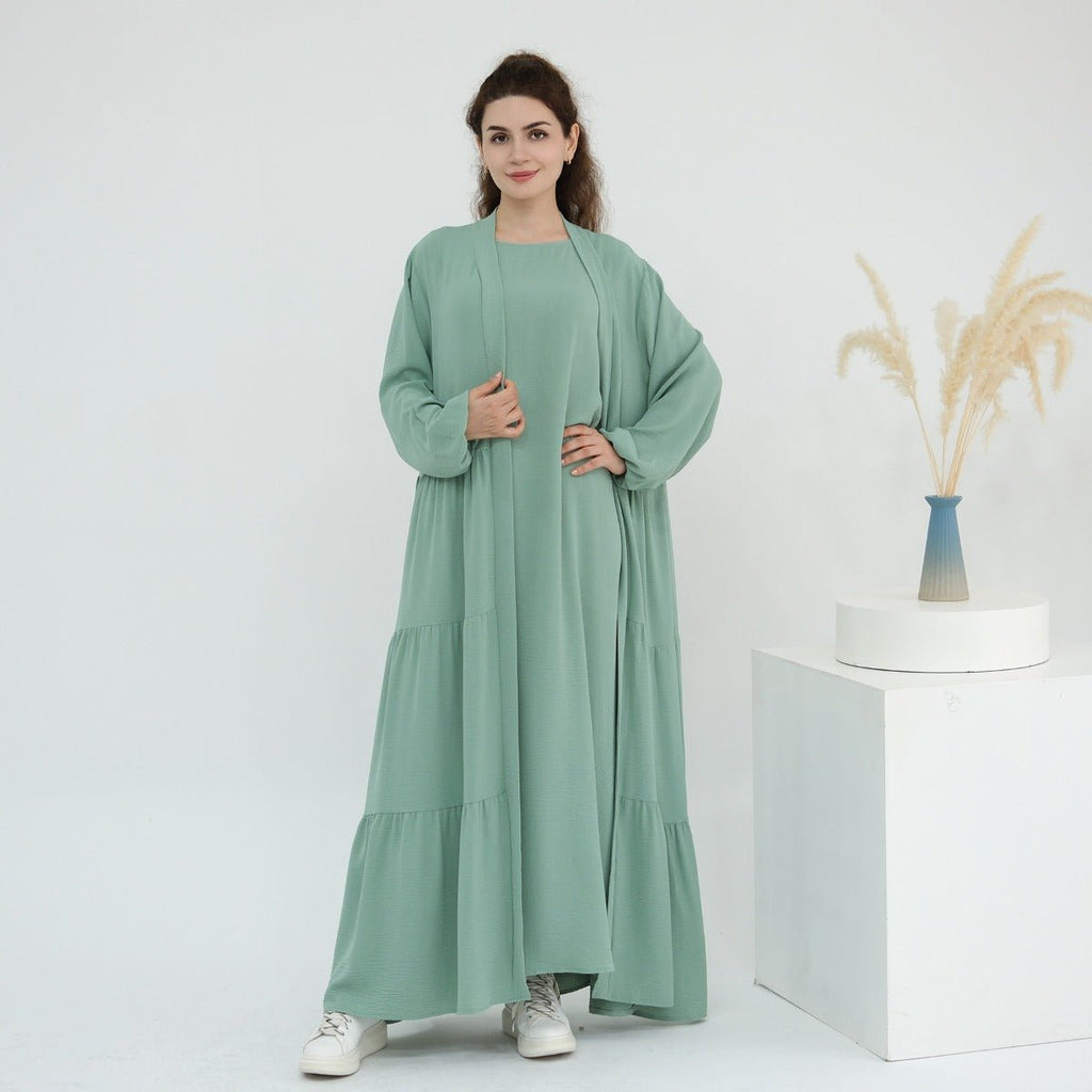 Solid Color Puff Sleeve Layered Maxi Dress Robe Dress Two-Piece Set (MOA165)