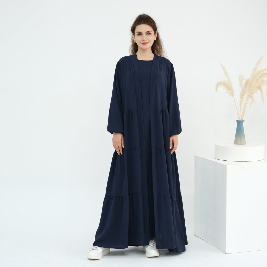Solid Color Puff Sleeve Layered Maxi Dress Robe Dress Two-Piece Set (MOA165)