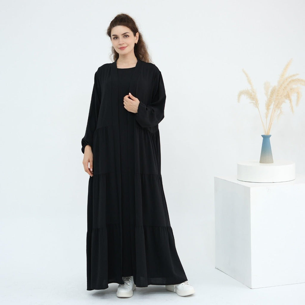 Solid Color Puff Sleeve Layered Maxi Dress Robe Dress Two-Piece Set (MOA165)