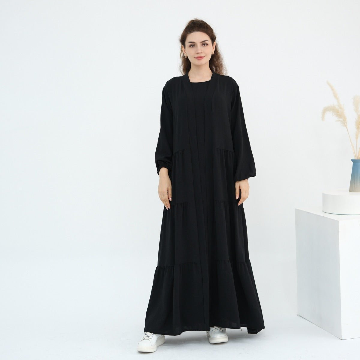 Solid Color Puff Sleeve Layered Maxi Dress Robe Dress Two-Piece Set (MOA165)