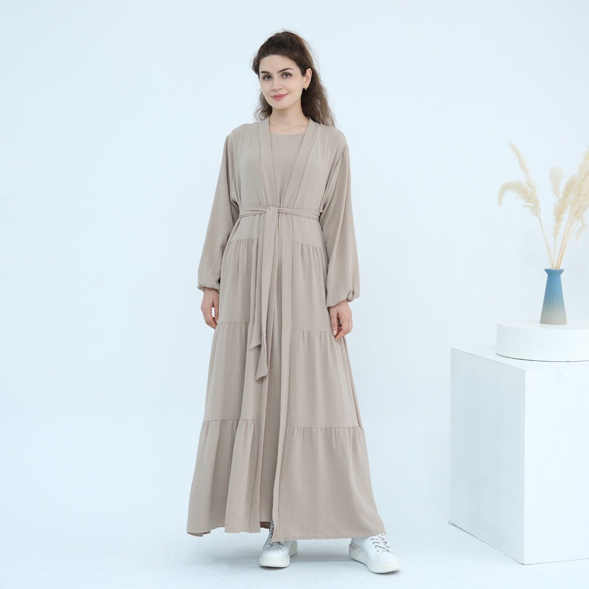 Solid Color Puff Sleeve Layered Maxi Dress Robe Dress Two-Piece Set (MOA165)