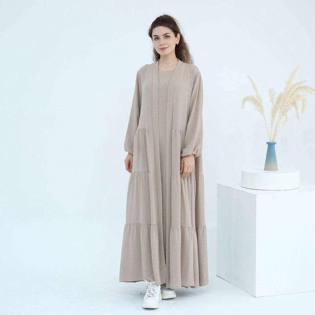 Solid Color Puff Sleeve Layered Maxi Dress Robe Dress Two-Piece Set (MOA165)