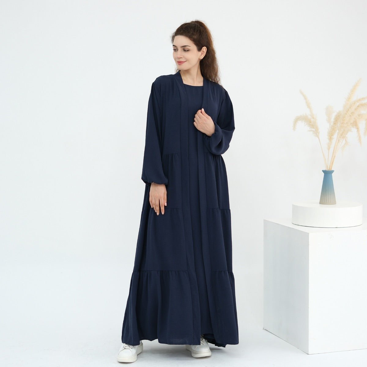 Solid Color Puff Sleeve Layered Maxi Dress Robe Dress Two-Piece Set (MOA165)