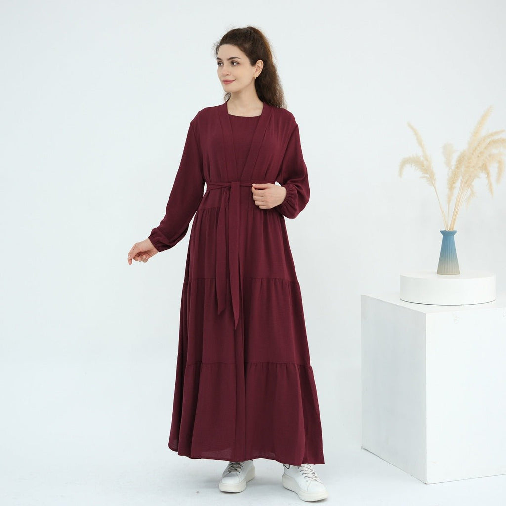Solid Color Puff Sleeve Layered Maxi Dress Robe Dress Two-Piece Set (MOA165)