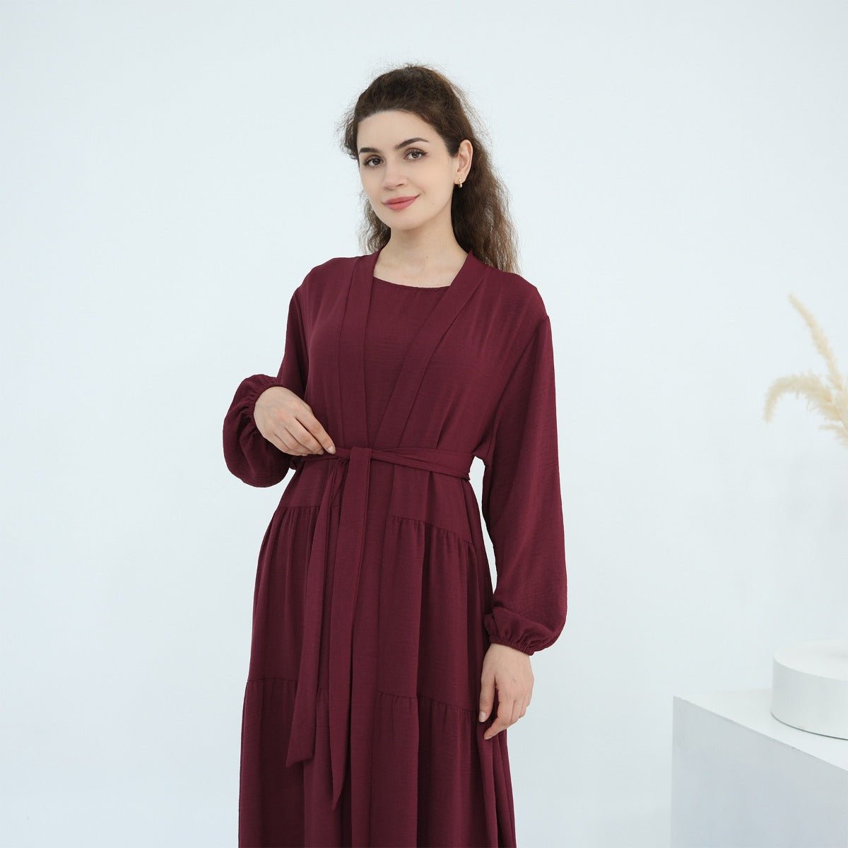 Solid Color Puff Sleeve Layered Maxi Dress Robe Dress Two-Piece Set (MOA165)