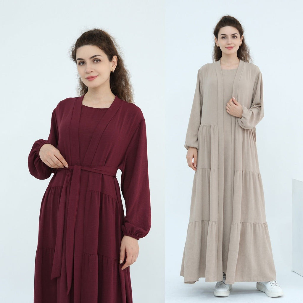Solid Color Puff Sleeve Layered Maxi Dress Robe Dress Two-Piece Set (MOA165)