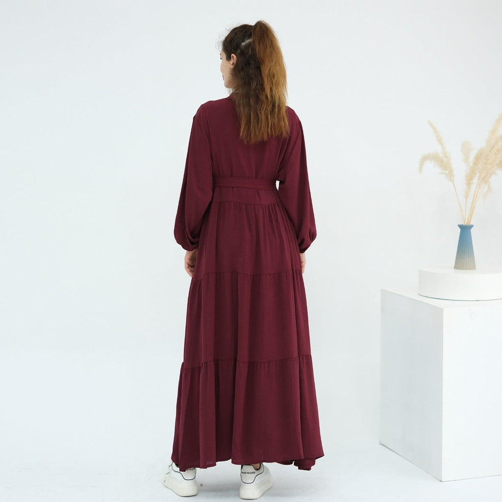 Solid Color Puff Sleeve Layered Maxi Dress Robe Dress Two-Piece Set (MOA165)