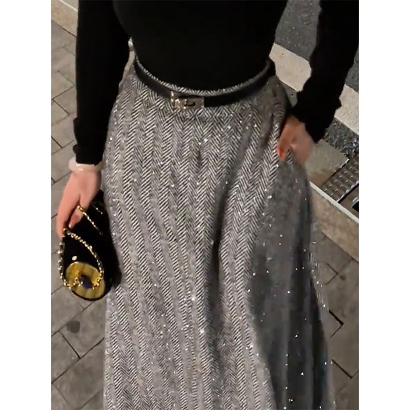 Sparkle Tweed Midi Skirt with Pockets | High-Waist A-Line Herringbone Skirt(MS203)