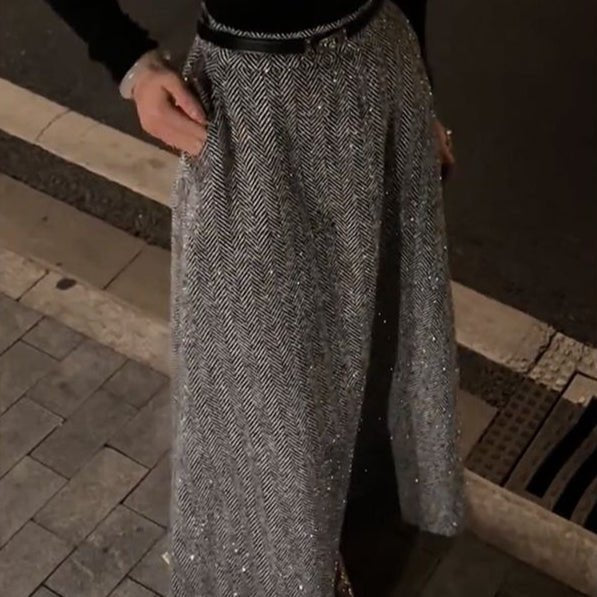 Sparkle Tweed Midi Skirt with Pockets | High-Waist A-Line Herringbone Skirt(MS203)