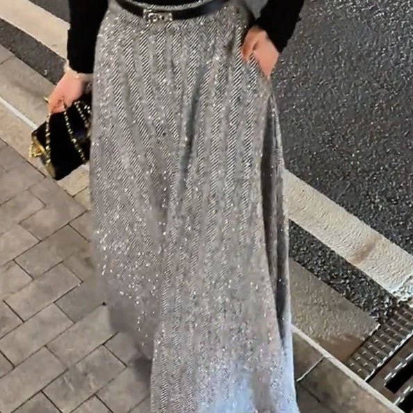 Sparkle Tweed Midi Skirt with Pockets | High-Waist A-Line Herringbone Skirt(MS203)