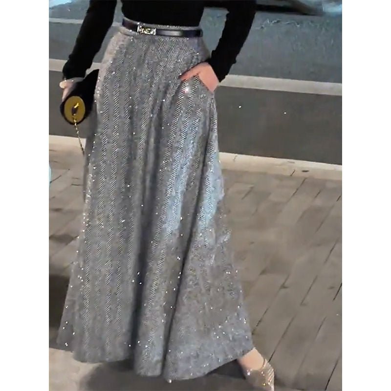 Sparkle Tweed Midi Skirt with Pockets | High-Waist A-Line Herringbone Skirt(MS203)