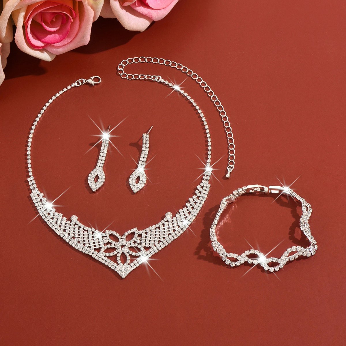 Sparkling Rhinestone Trio Earrings Necklace Bracelet Collection (MAC315)