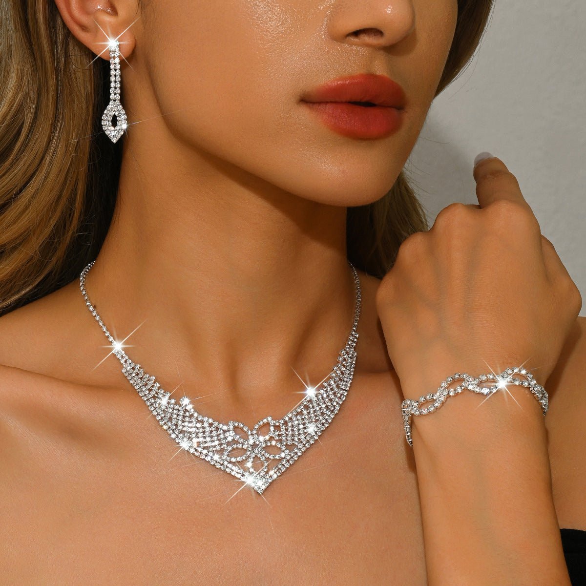 Sparkling Rhinestone Trio Earrings Necklace Bracelet Collection (MAC315)