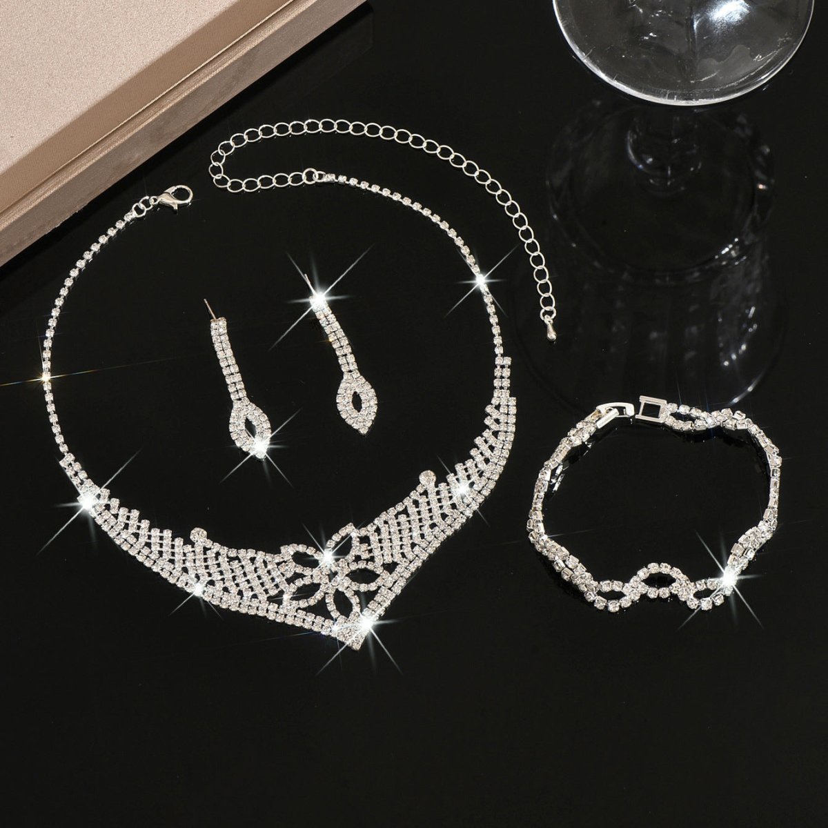 Sparkling Rhinestone Trio Earrings Necklace Bracelet Collection (MAC315)