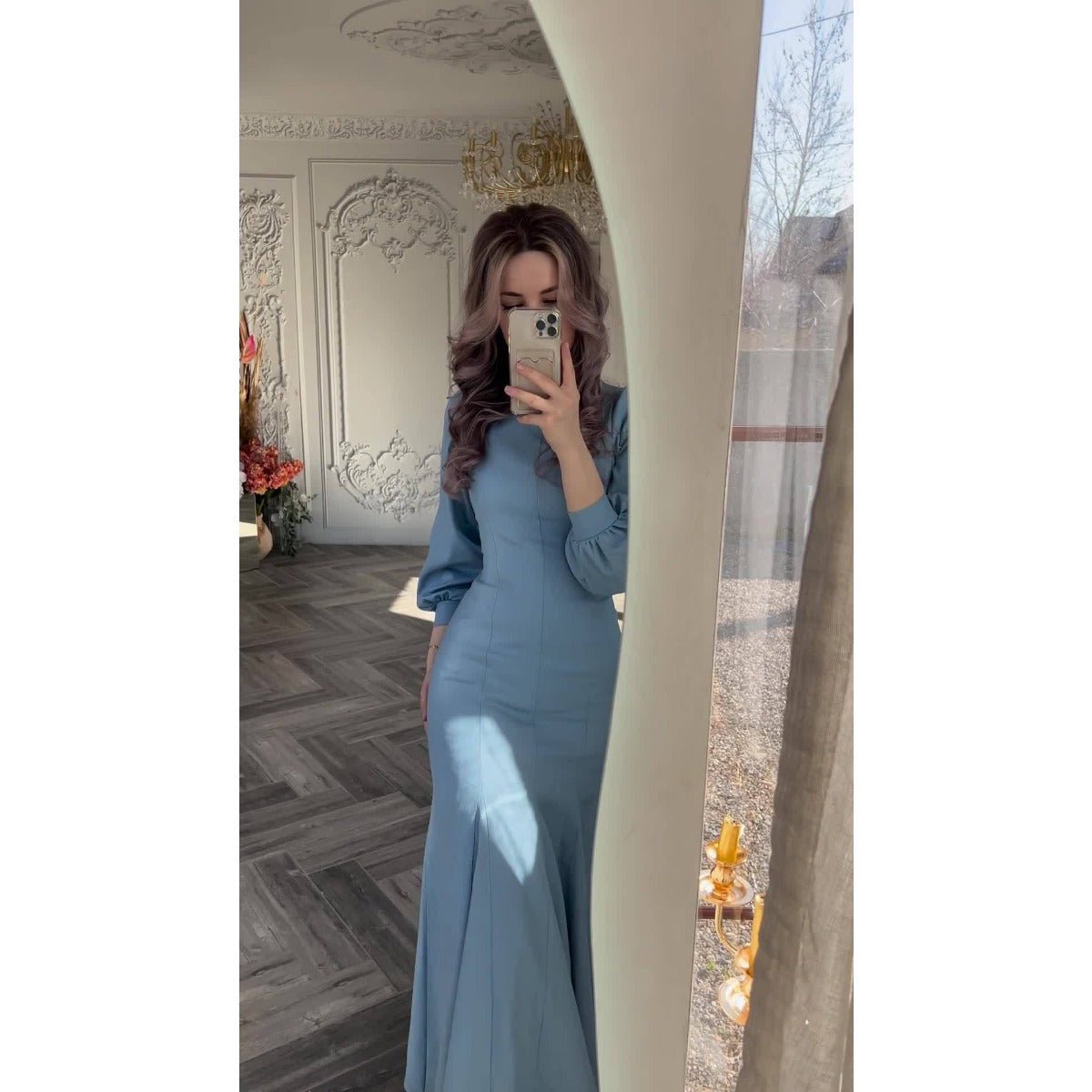 Spring Elegant Court-Style Long Sleeve Blue Chiffon Mermaid Dress Abaya (MA222)