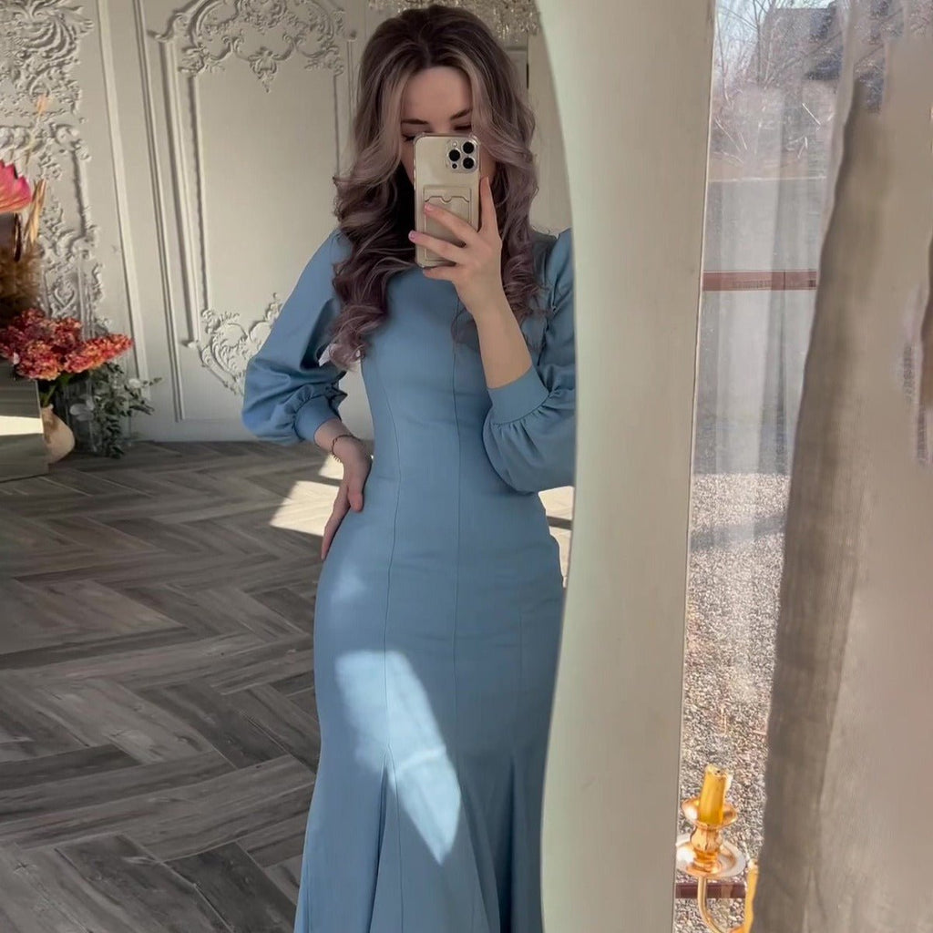 Spring Elegant Court-Style Long Sleeve Blue Chiffon Mermaid Dress Abaya (MA222)