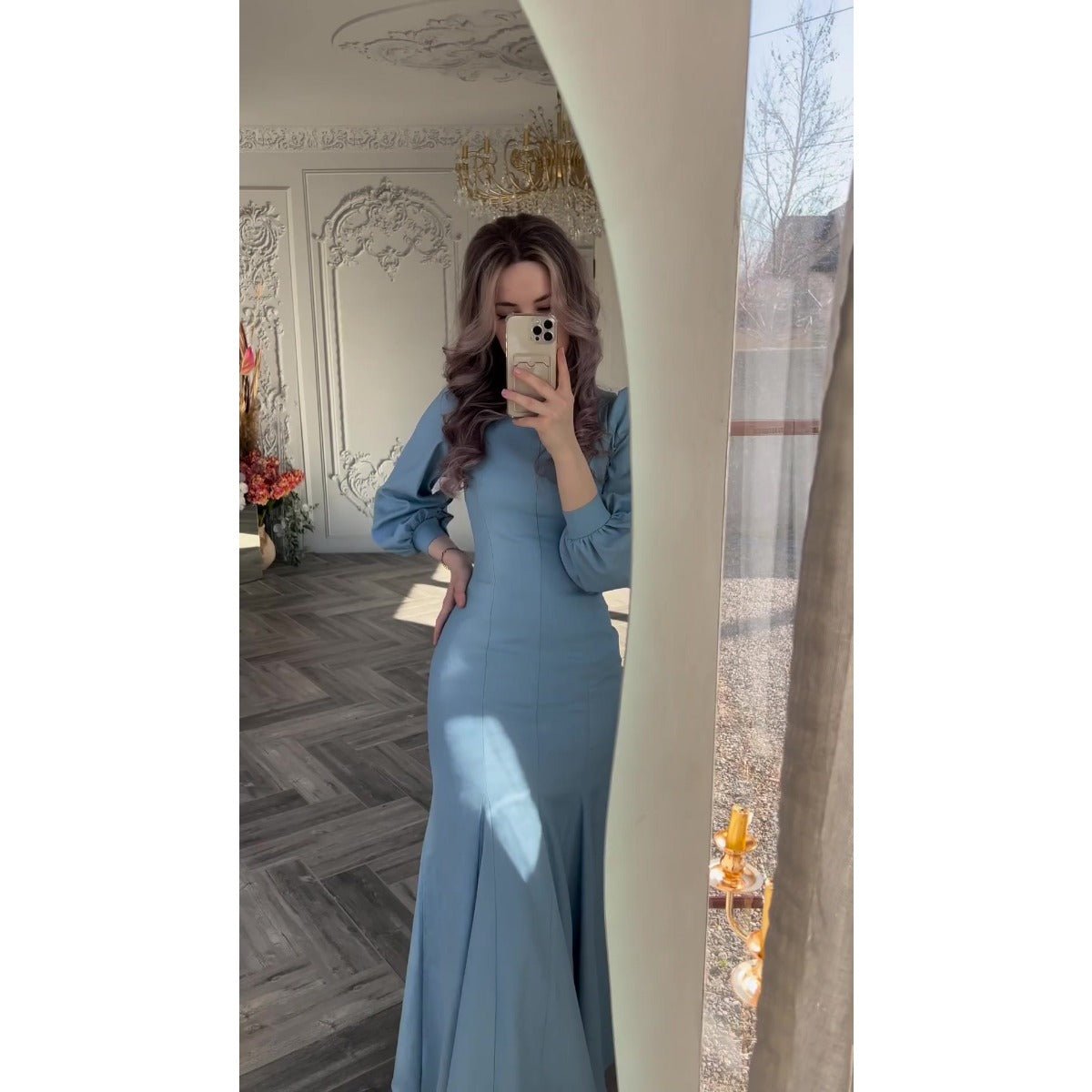Spring Elegant Court-Style Long Sleeve Blue Chiffon Mermaid Dress Abaya (MA222)