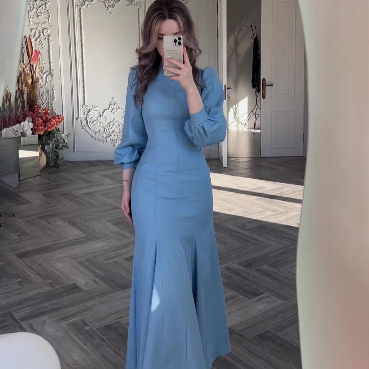 Spring Elegant Court-Style Long Sleeve Blue Chiffon Mermaid Dress Abaya (MA222)
