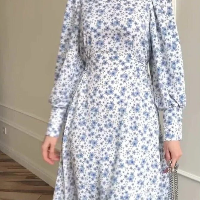 Spring Floral Satin Maxi Dress | High Neck Puff Sleeve Dress with Adjustable Waist Tie - Blue & White Botanical Print (MA236)