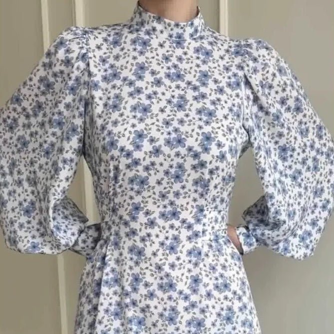 Spring Floral Satin Maxi Dress | High Neck Puff Sleeve Dress with Adjustable Waist Tie - Blue & White Botanical Print (MA236)
