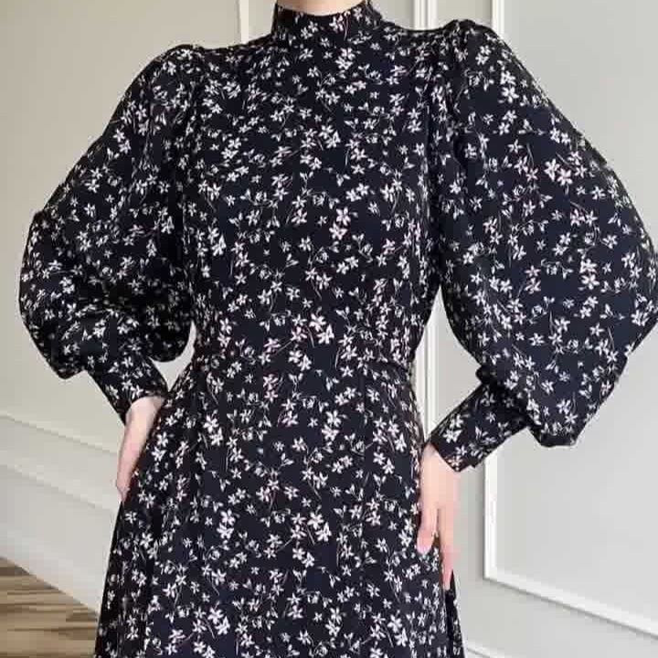 Spring Floral Satin Maxi Dress | High Neck Puff Sleeve Dress with Adjustable Waist Tie - Blue & White Botanical Print (MA236)