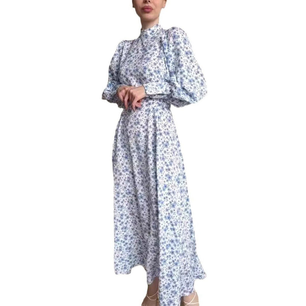 Spring Floral Satin Maxi Dress | High Neck Puff Sleeve Dress with Adjustable Waist Tie - Blue & White Botanical Print (MA236)
