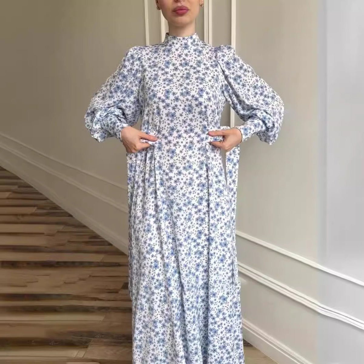 Spring Floral Satin Maxi Dress | High Neck Puff Sleeve Dress with Adjustable Waist Tie - Blue & White Botanical Print (MA236)