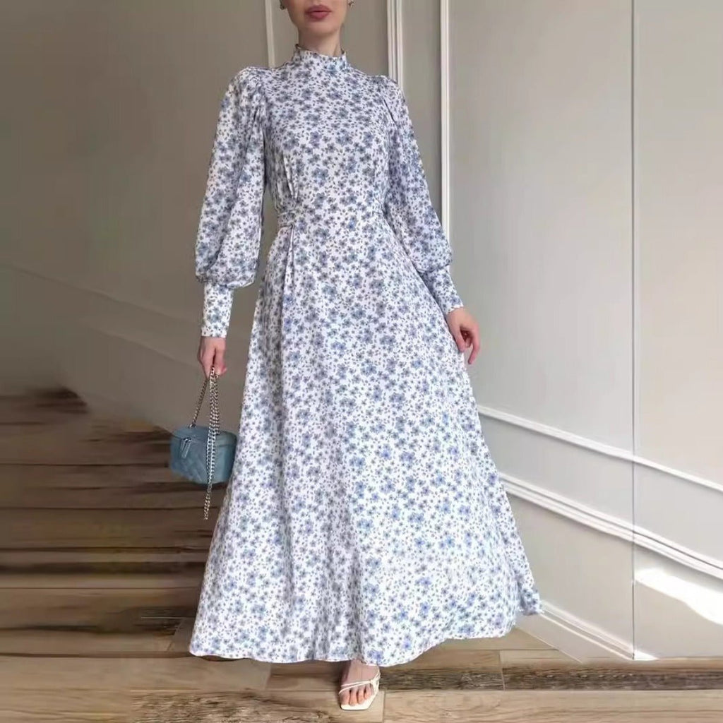 Spring Floral Satin Maxi Dress | High Neck Puff Sleeve Dress with Adjustable Waist Tie - Blue & White Botanical Print (MA236)