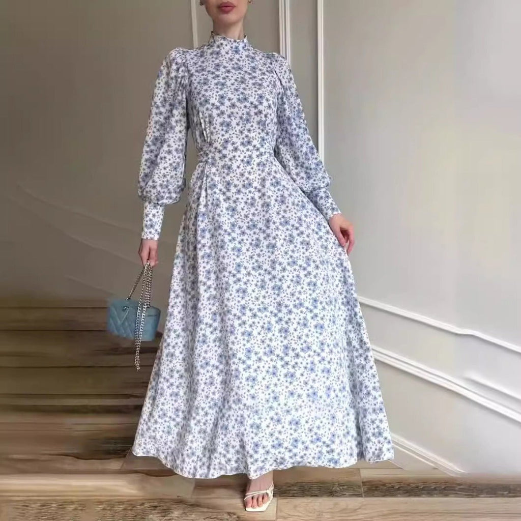 Spring Floral Satin Maxi Dress | High Neck Puff Sleeve Dress with Adjustable Waist Tie - Blue & White Botanical Print (MA236)