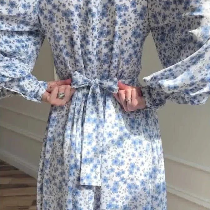 Spring Floral Satin Maxi Dress | High Neck Puff Sleeve Dress with Adjustable Waist Tie - Blue & White Botanical Print (MA236)