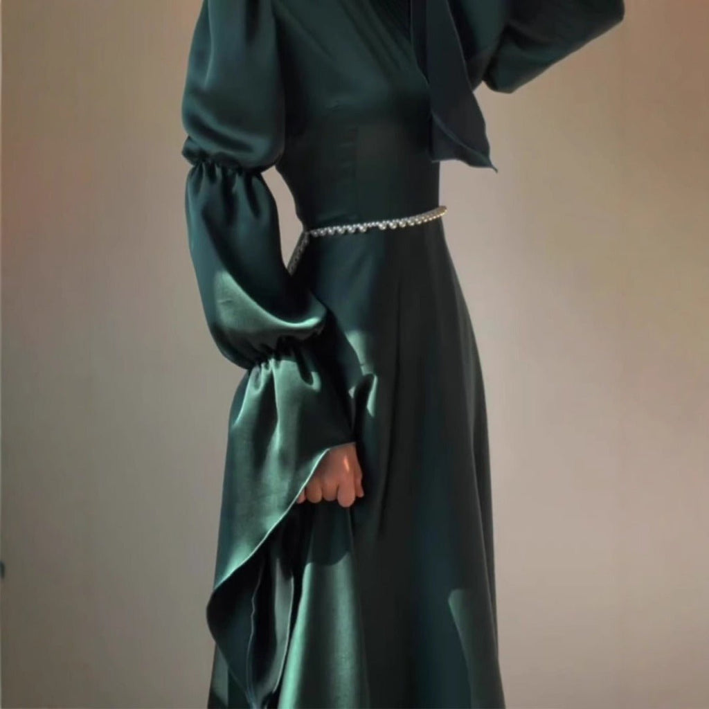 Luxury Slim-Fit Long Sleeve Dress Abaya | Emerald Green Maxi Dress (MA217)
