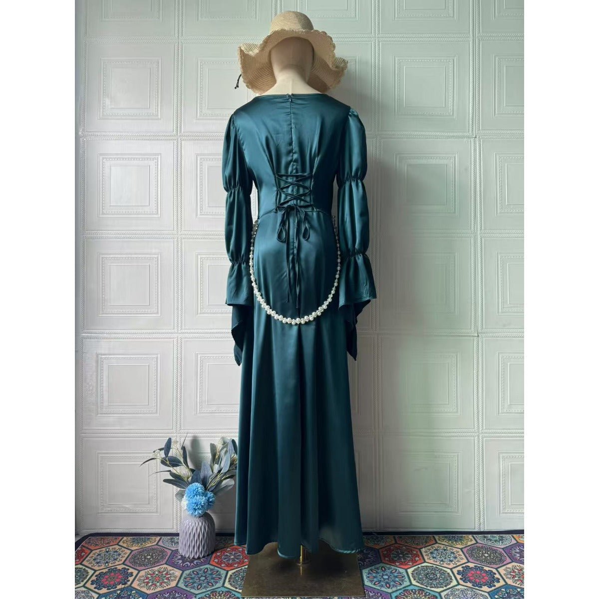 Luxury Slim-Fit Long Sleeve Dress Abaya | Emerald Green Maxi Dress (MA217)